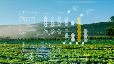 陽光燦爛的農場上覆疊著科學資訊和圖表。