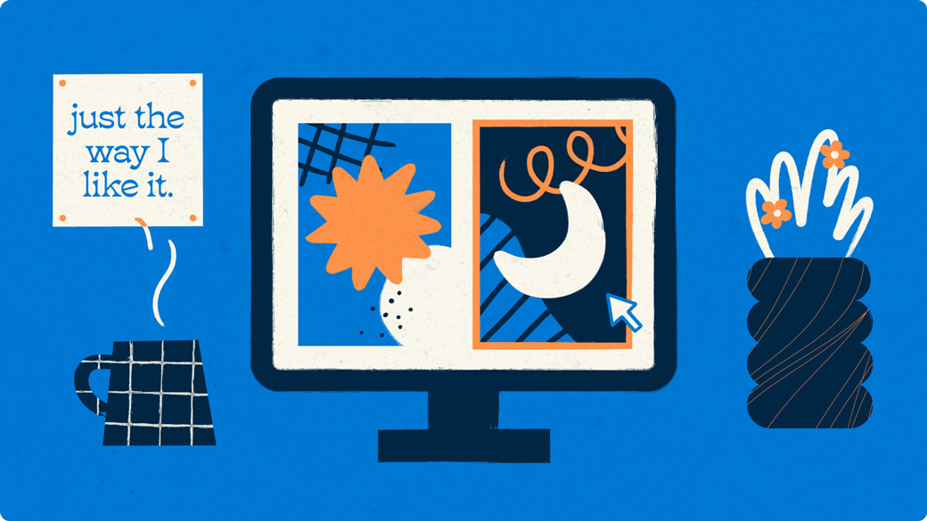 Illustration of coffee cup, computer screen, and plant with orange flowers