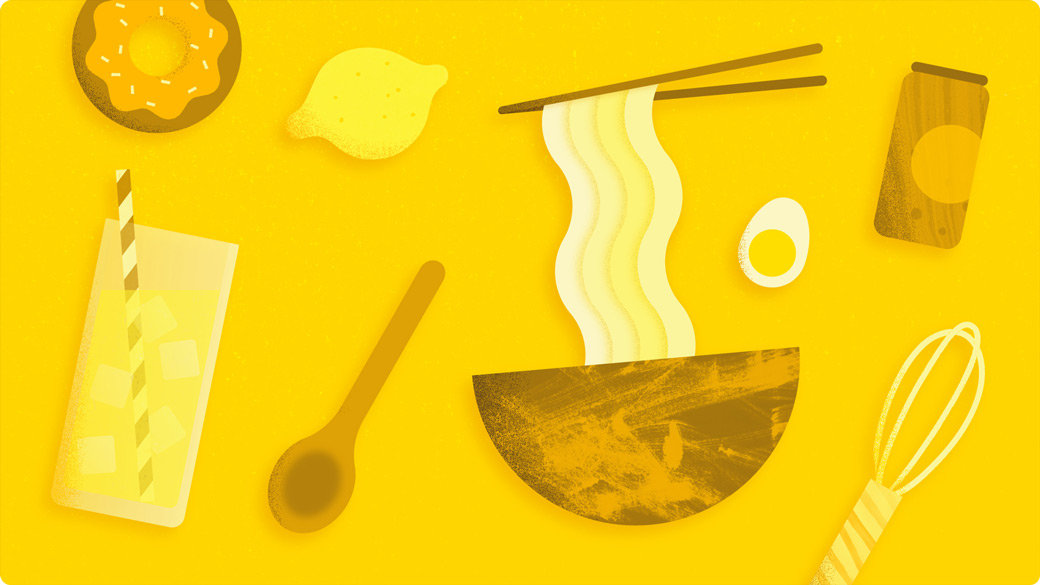 Illustration of a variety of cooking utensils with a yellow background