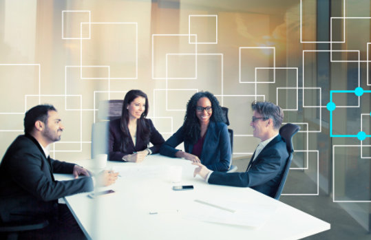 A group of people meeting around a conference table.