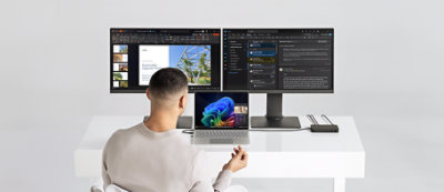 Una persona indossa una felpa blu e sorride mentre lavora su un portatile, con una pianta in vaso sullo sfondo.