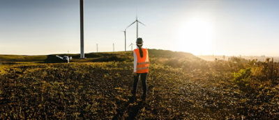 Una persona con barba e occhiali è seduta alla scrivania e lavora al computer in un ufficio.