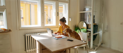 Two women in a meeting room; one is sitting at a table with a laptop, and the other is standing and pointing at a presentation on a screen.