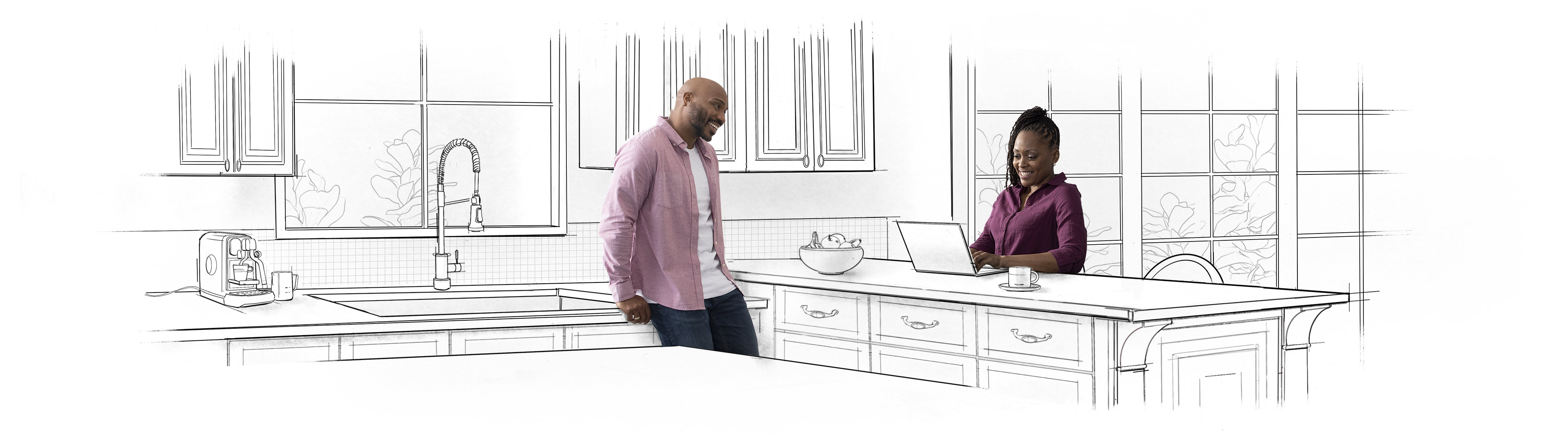 Two people in a kitchen. One uses a laptop. Their surroundings are sketched; the inclusion journey at Microsoft.