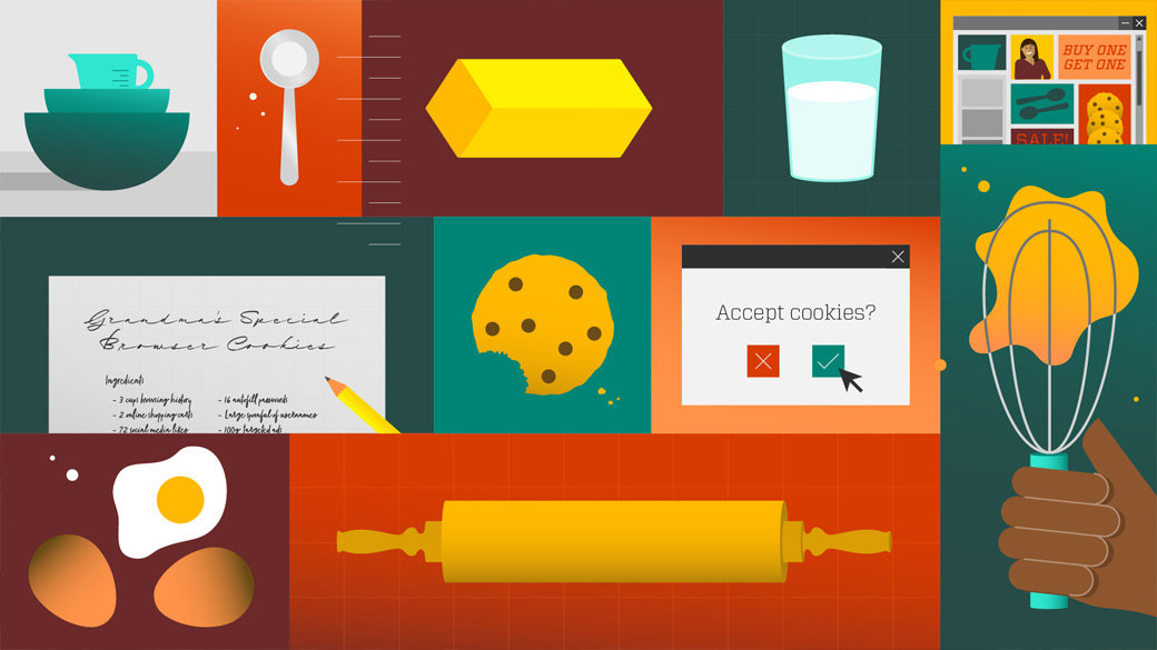 Composite illustration of baking ingredients and utensils