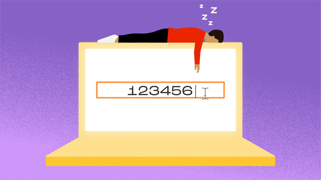 Illustration of person sleeping on top of laptop computer