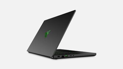 Back view of Razer Blade 15 that shows green logo and multiple ports on the side.