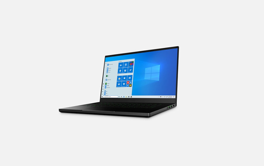 Razer Blade 15 Laptop with Windows 10 Start menu onscreen.