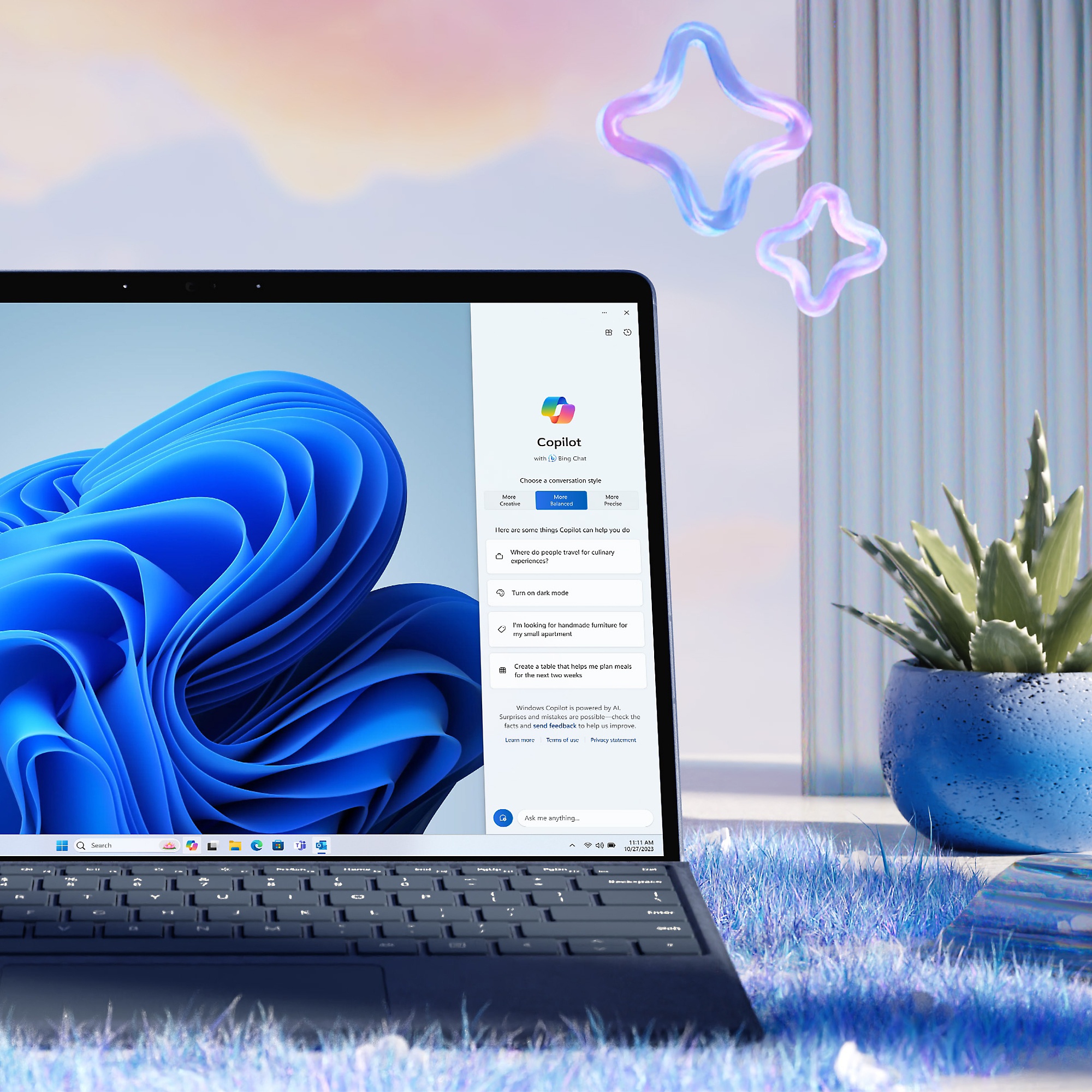 A laptop with an abstract blue image on it