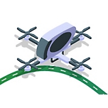 Ein isometrisches Bild einer Drohne, die über eine Straße fliegt.