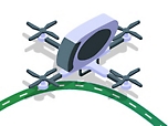 Ein isometrisches Bild einer Drohne, die über eine Straße fliegt.