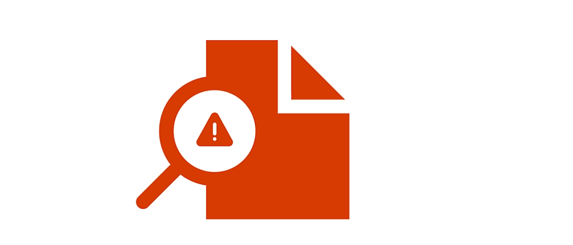 Icône orange représentant une loupe centrée sur un document avec un panneau d'avertissement, sur un fond blanc.