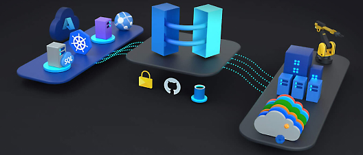 Isometric illustration showcasing various cloud computing concepts and technologies interconnected by dotted lines.