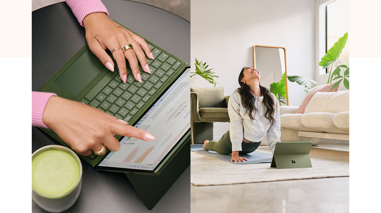 Woman using Surface Pro 9 in Forest while doing yoga. 
