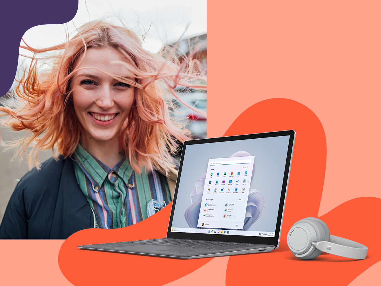 Woman with Surface Laptop 5 and headphones with sunrise light background