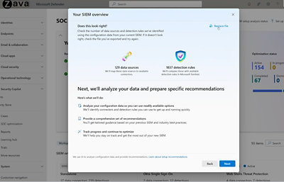 SIEM overview dialog showing 129 data sources, 1,837 detection rules, and next steps for analysis and recommendations