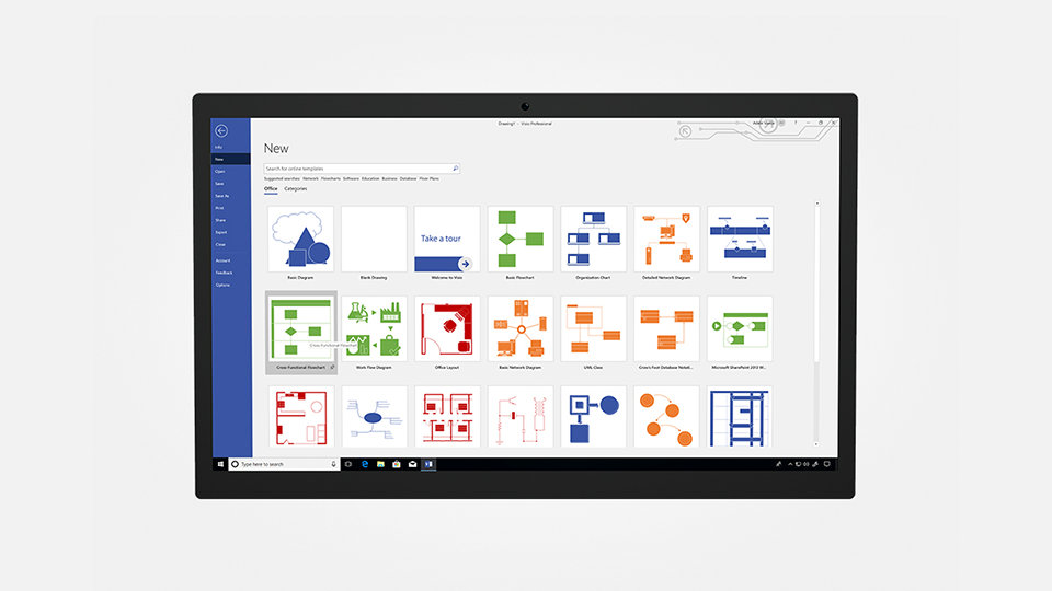 Three rows of Visio templates, diagrams, charts, and graphs on a Surface tablet screen.