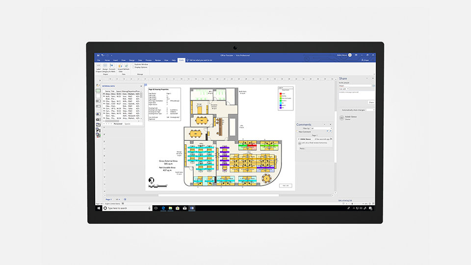 A detailed Visio diagram of an office floor plan with data fields and comment bubbles on either side.