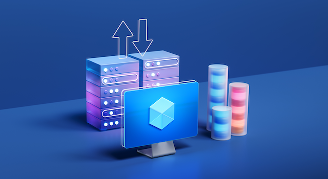 Das Bild zeigt eine stilisierte Darstellung von Servern, einem Computerbildschirm und Datenbanken. Links im Bild befinden sich drei übereinander gestapelte Server mit leuchtenden Lichtern und zwei Pfeilen darüber, die nach oben und unten zeigen. In der Mitte des Bildes steht ein Computerbildschirm mit einem blauen Würfel-Symbol darauf. 