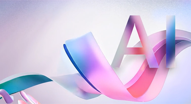 Bunte Darstellung der Buchstaben ‚AI‘ mit einem geschwungenen Farbband in Blau, Lila und Pink vor hellem Hintergrund.