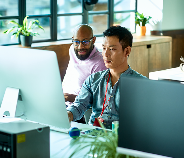 Two colleagues collaborate in a modern office space. One wears a pink shirt and glasses, the other a grey shirt with a red lanyard. They focus intently on a large computer monitor. The office features large windows, allowing natural light, and is adorned with potted plants, adding a touch of greenery. Various office supplies are visible on the desk.