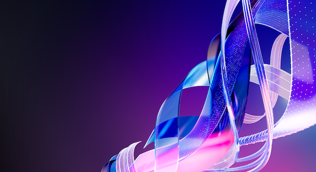 Abstraktes 3D-Band in Blau- und Pinktönen vor dunklem Hintergrund.