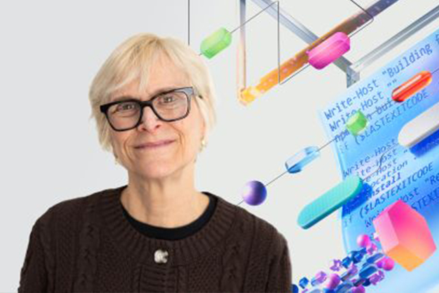 Person wearing glasses centered in the frame with a stylized technology-themed backdrop.