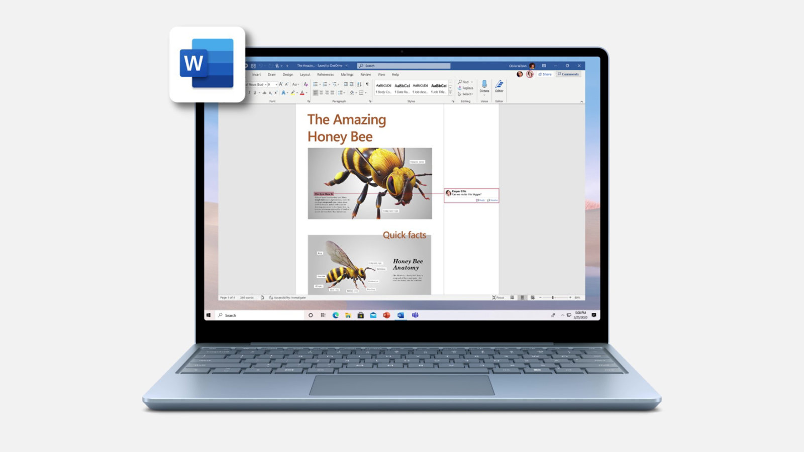 Un Surface Laptop Go con un documento Microsoft Word sullo schermo.