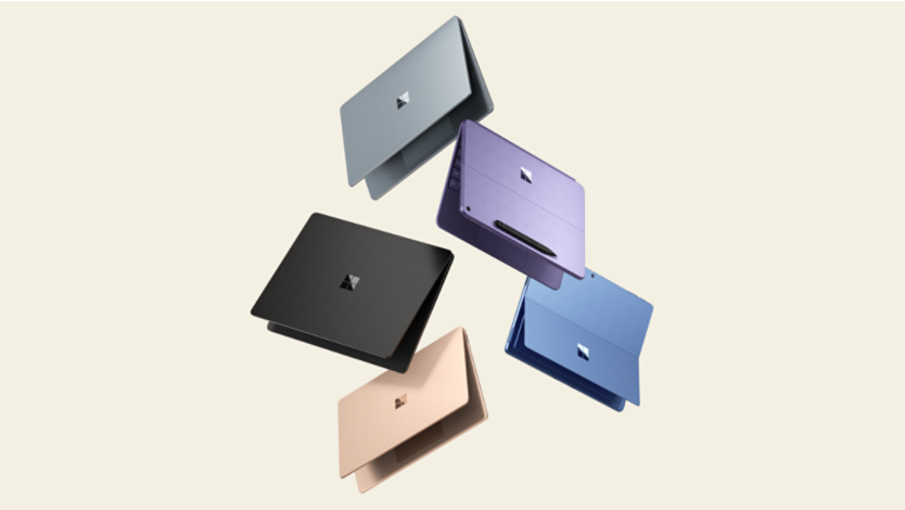 An image of three Surface Pro and two Surface Laptops in different colors