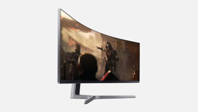 Angled view of Samsung 49" QLED Gaming Monitor with a game on screen..