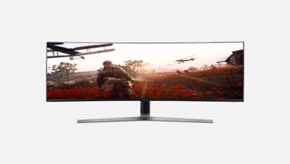 Front view of Samsung 49" QLED Gaming Monitor with a game on screen.