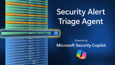 Security Alert Triage Agent dashboard showing multiple incident alerts, powered by Microsoft Security Copilot.