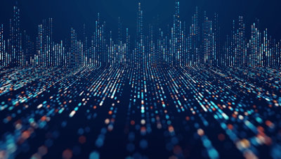 Abstract digital landscape with glowing data points and lines.