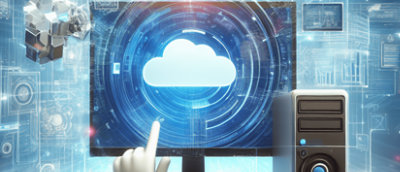 Un ordinateur avec une main pointée vers un écran.