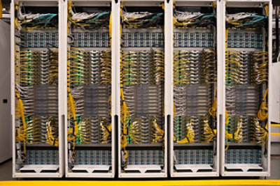 Data center server racks with interconnected network cabling 2