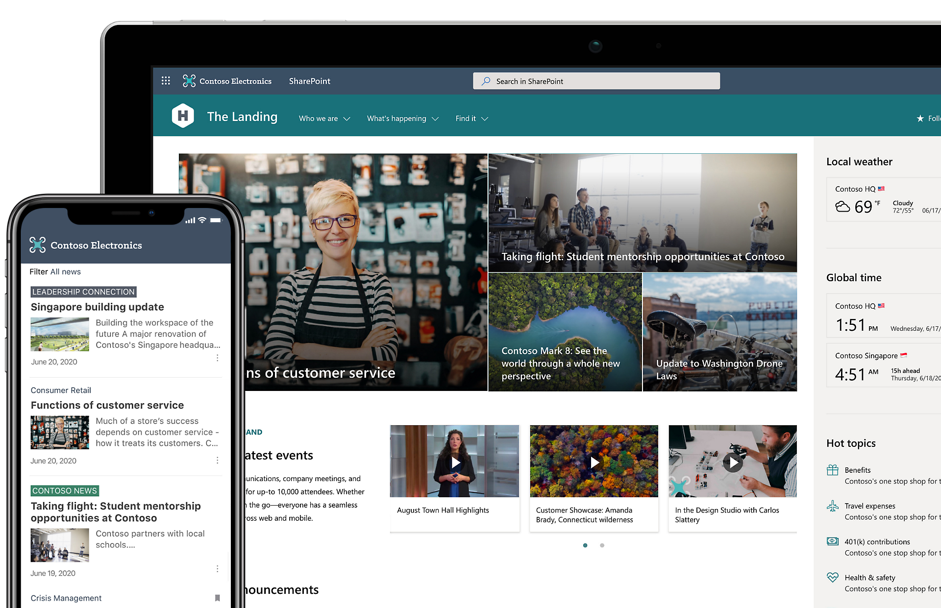 顯示 SharePoint 主畫面的平板電腦裝置畫面，以及顯示最新消息主畫面的行動裝置