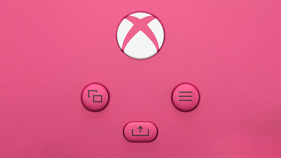 Gros plan du bouton de partage de la manette sans fil Xbox – Deep Pink