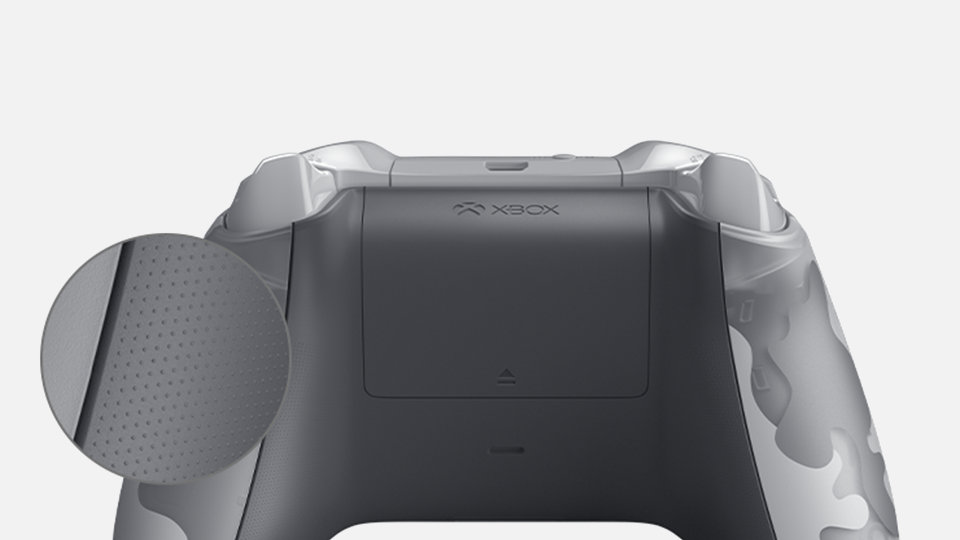 Rear view of the Xbox Wireless Controller with a close-up of the grip texture.
