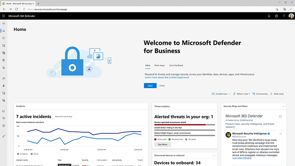 The Microsoft Defender for Business homepage. 