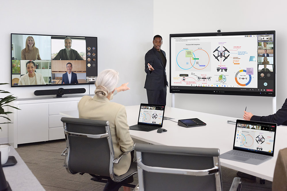 Teams meeting with Surface Hub 2 Smart Camera displayed above screen with drone image