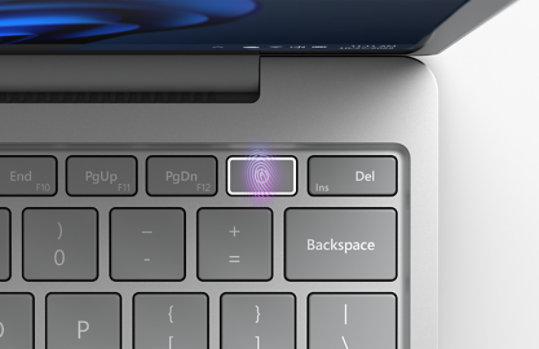 A close-up view of Surface Laptop Go 3 for Business’s keyboard showing the Fingerprint Power Button.