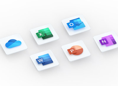 3D logos of various Office apps including OneDrive, Excel, Outlook, Word, PowerPoint, and OneNote