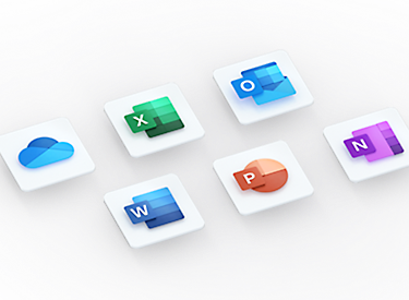 Logos 3D de différentes applications Office, avec notamment OneDrive, Excel, Outlook, Word, PowerPoint et OneNote