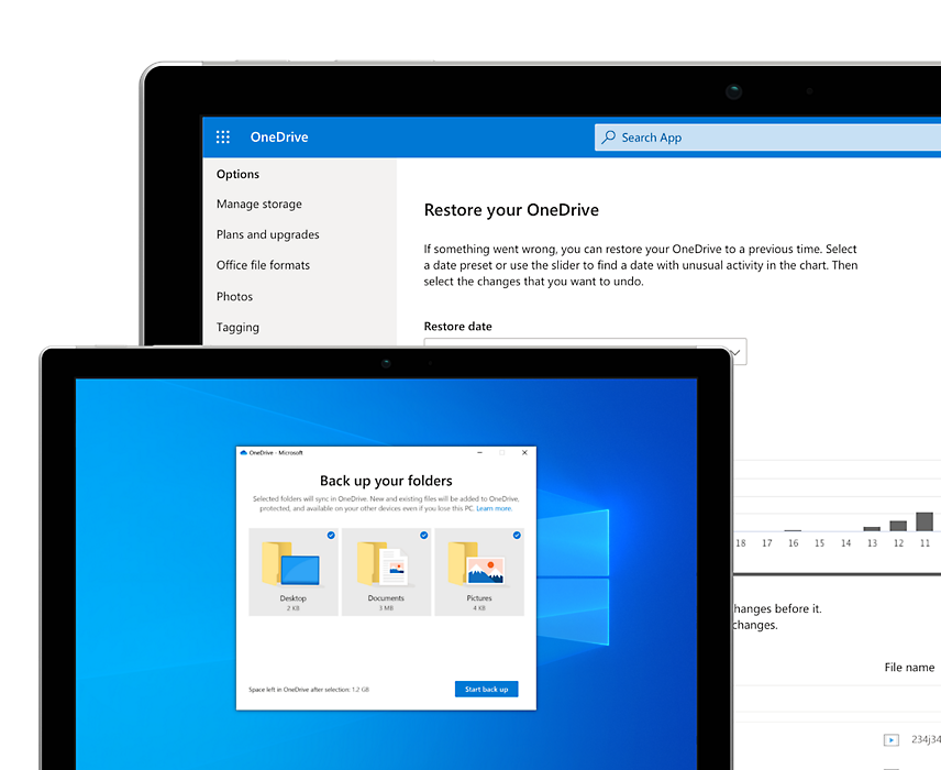 OneDrive’da yedekleme ve geri yükleme özelliklerini gösteren iki cihaz ekranı.