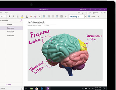 Fotografía de la pantalla de una tableta o portátil en la que se muestra el bloc de notas de una persona en OneNote