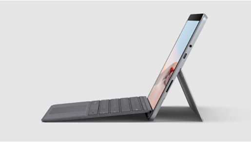 Surface Go 2 with a Type Cover attached and an open Kickstand.