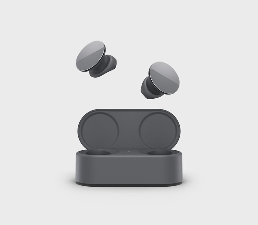 Surface Earbuds for Business and their charging case in the color Graphite.