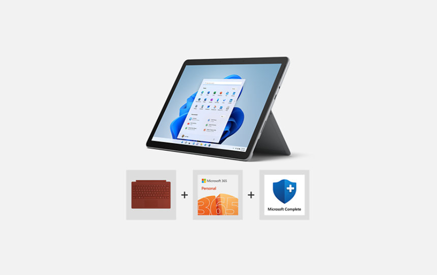 Surface Go 3 bundle with Poppy red type cover, Microsoft 365 and Microsoft Complete