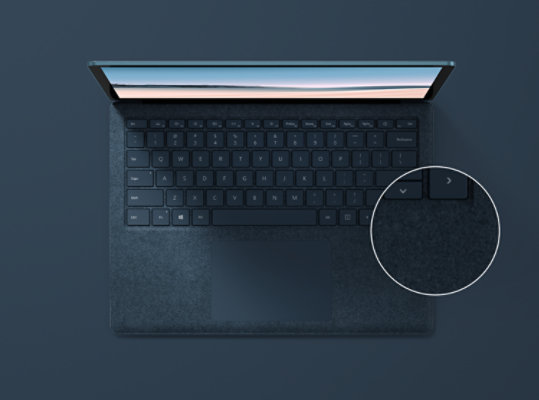 Surface Laptop 3 in Cobalt Blue with Alcantara material.