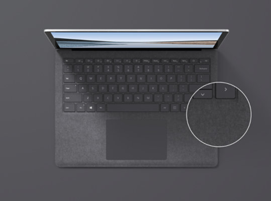 Surface Laptop 3 in Platinum with Alcantara material.
